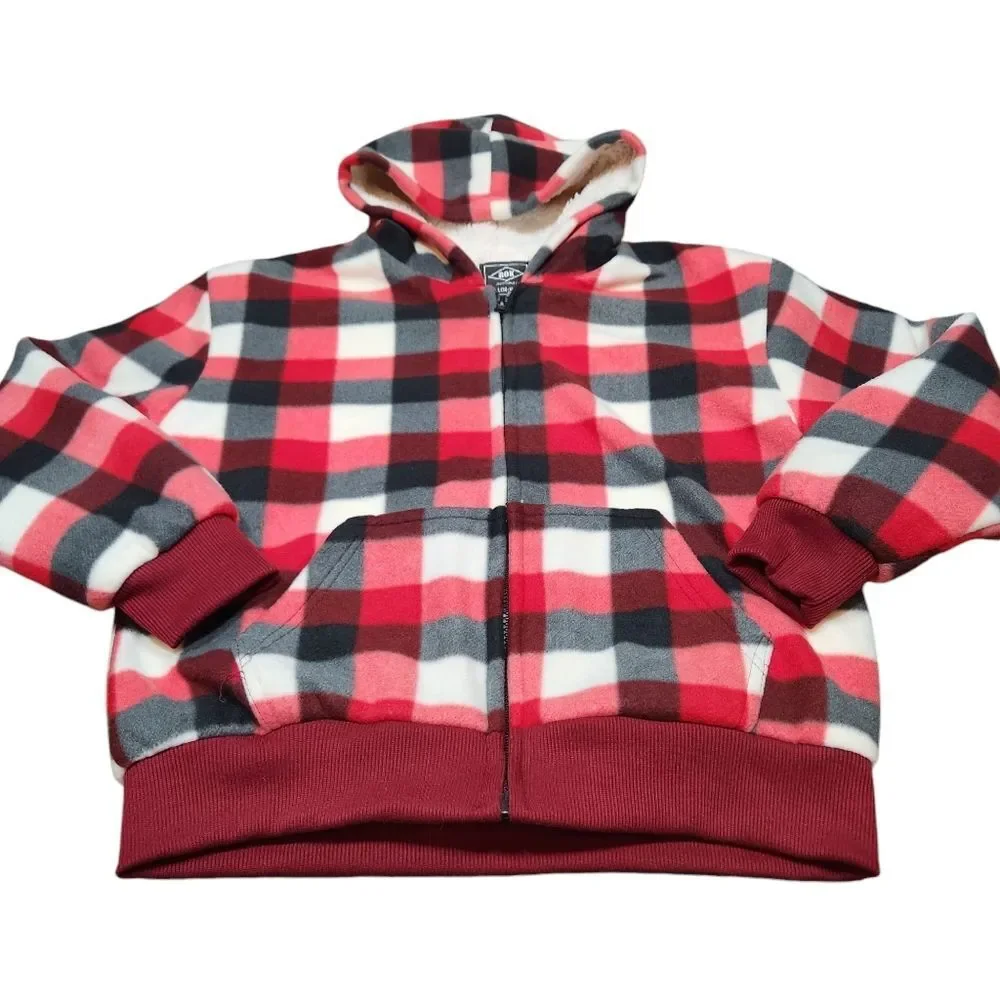 ROK Kid's Fleece Flannel Jacket Buffalo Plaid Heavy Oat Red Black Zip Hood Large